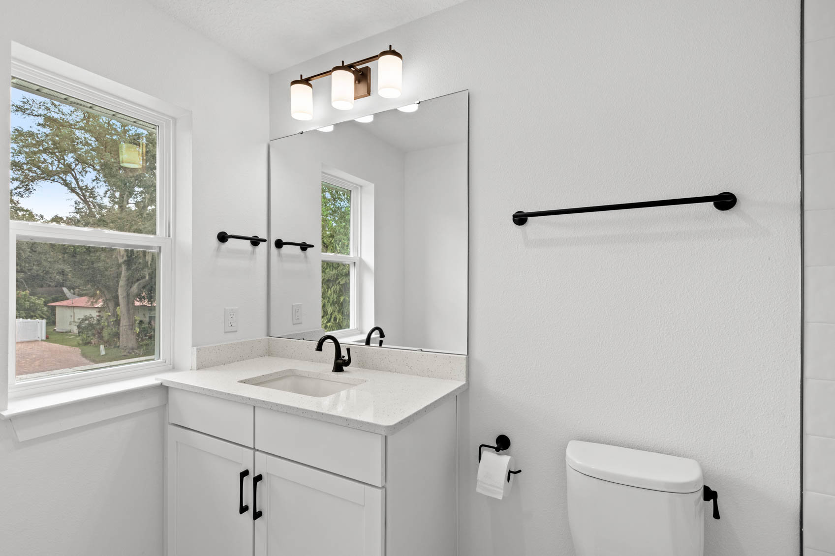 bathroom with white sink cabinet and white walls